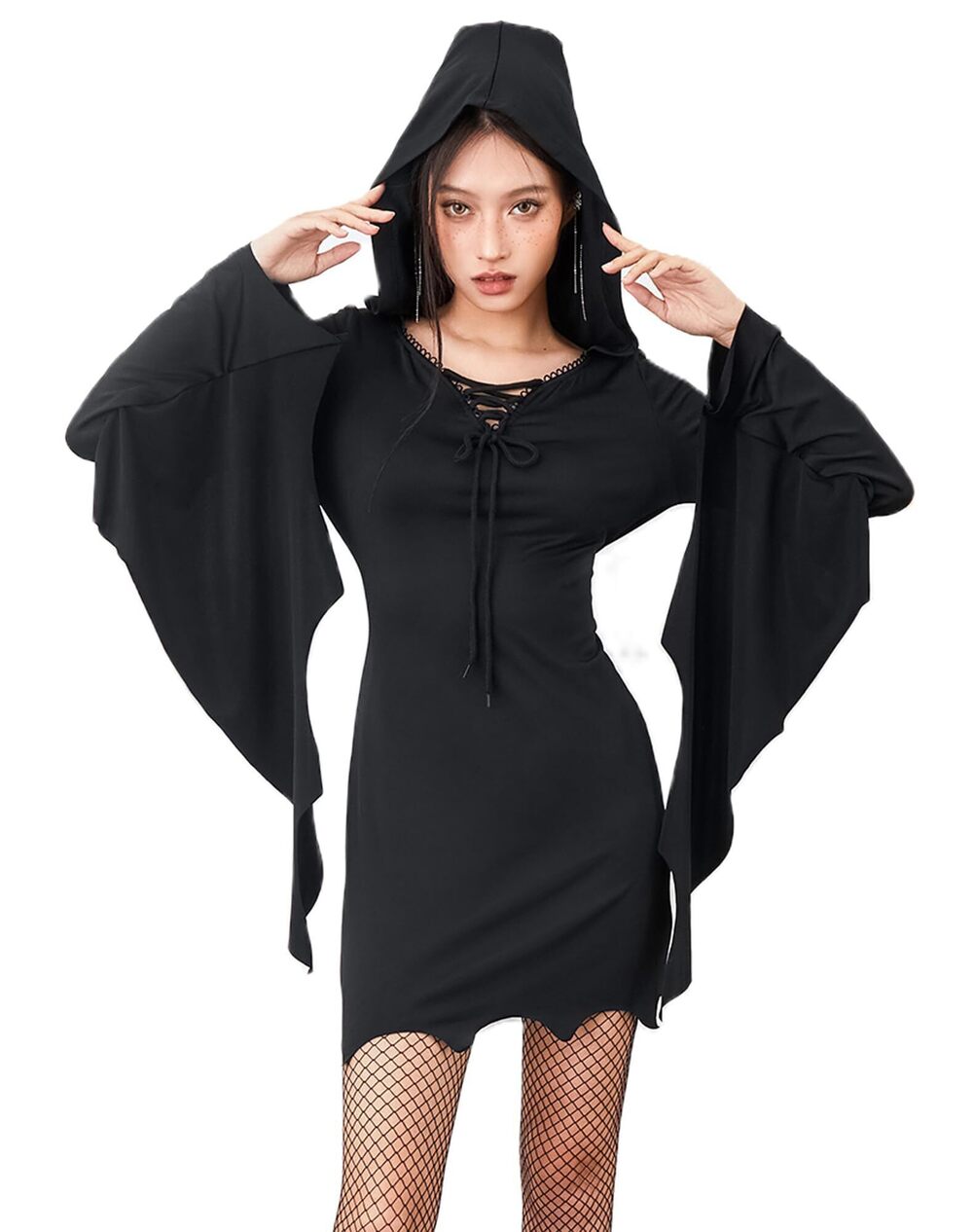 3918 Halloween Sexy Dress Bat Wing Sleeves Vintage Gothic Goth Party Hooded